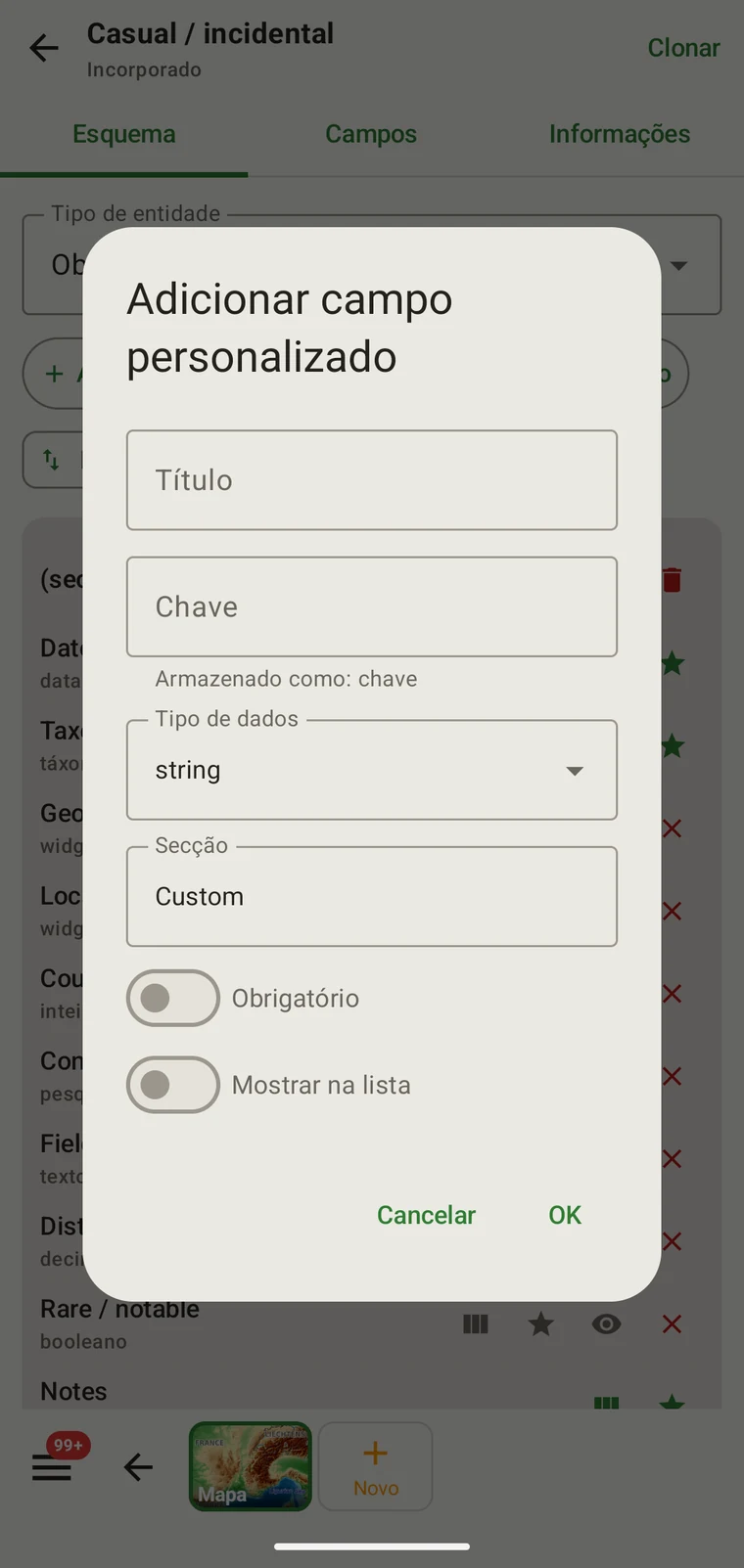 Add custom field dialog with Caption, Key, Data type, Section, Required and Show in list controls