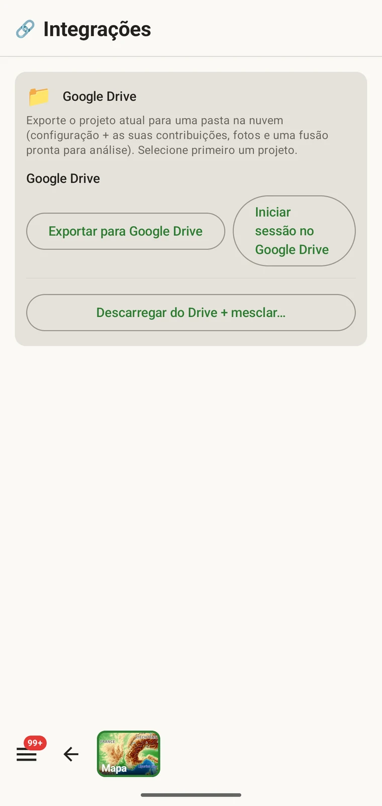 O cartão do Google Drive com os seus três botões: Exportar para o Google Drive, Iniciar sessão no Google Drive e Descarregar do Drive e mesclar