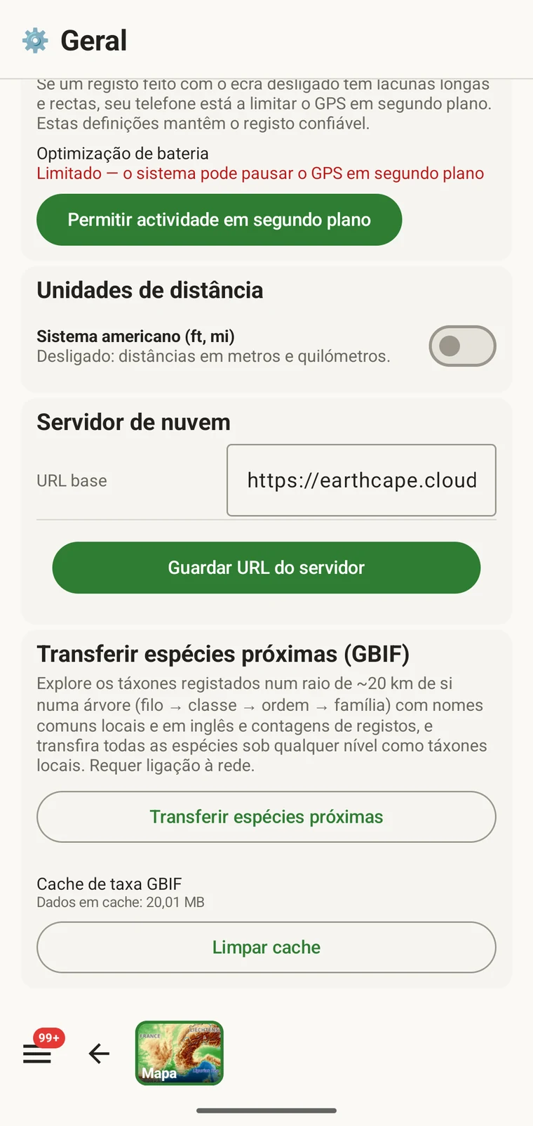 Download nearby species (GBIF) card under Menu → Admin → General
