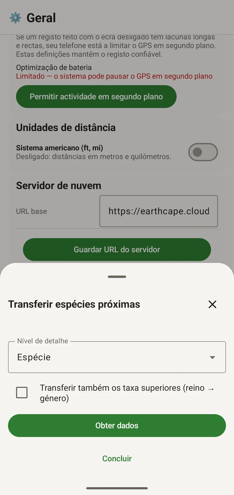 Download nearby species sheet with the Detail level control, the parent-taxa checkbox and the Get data button