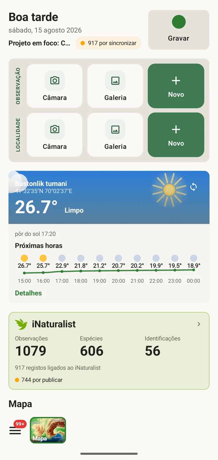 EarthCape home screen with the Record button, observation and locality quick actions and the weather card