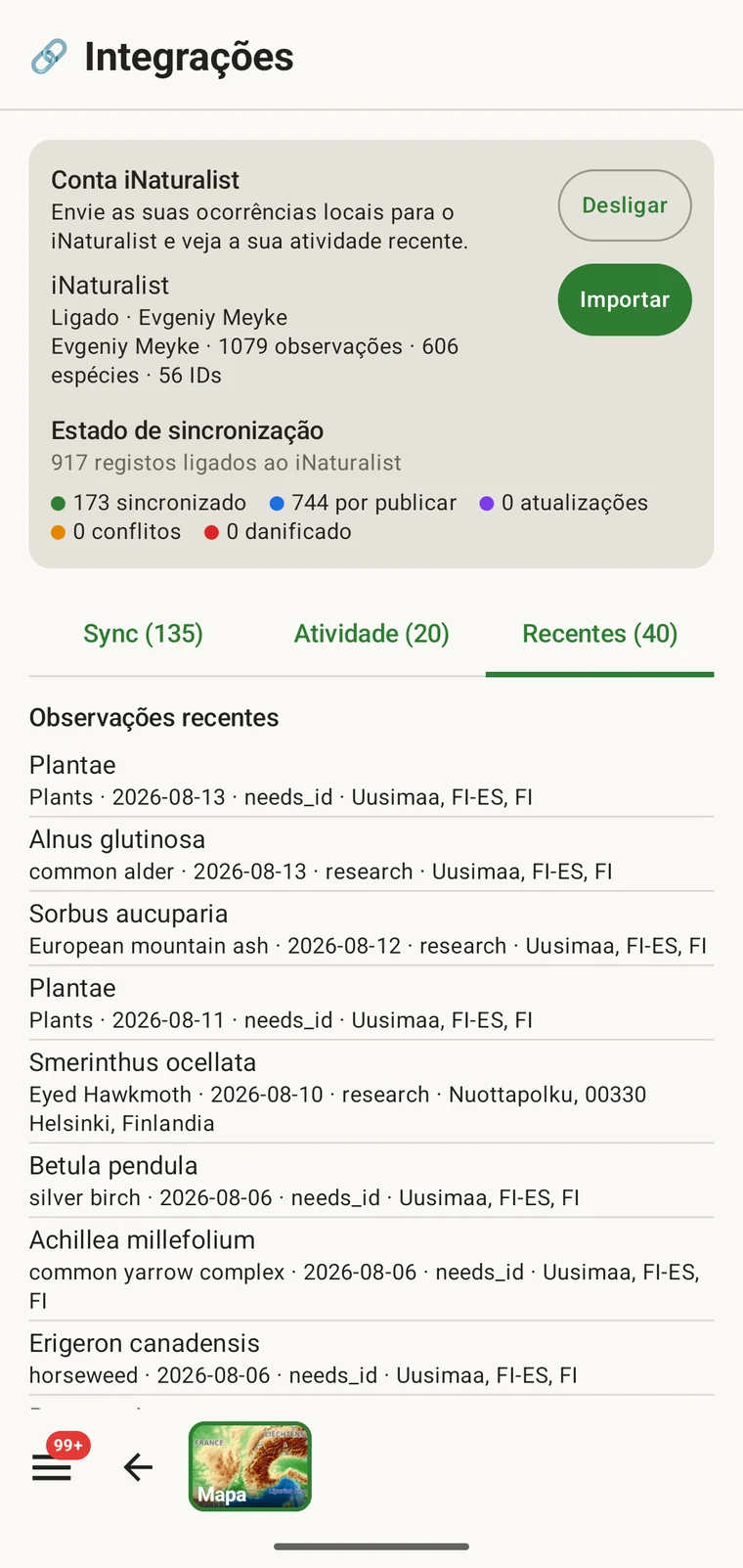 Lista das observações recentes do iNaturalist pertencentes à conta ligada