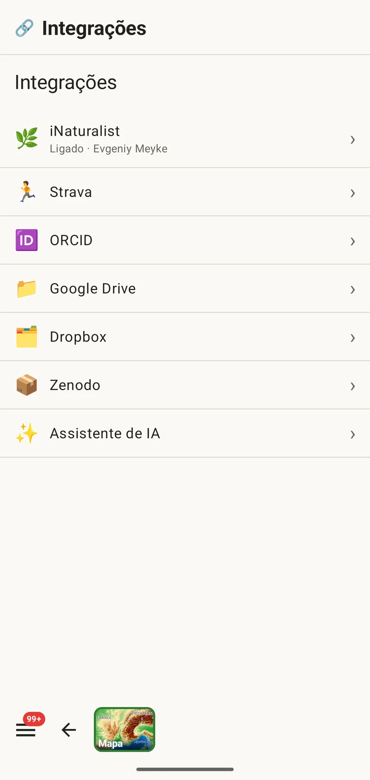 Ecrã de integrações com a lista de iNaturalist, Strava, ORCID, Google Drive, Dropbox, Zenodo e assistente de IA