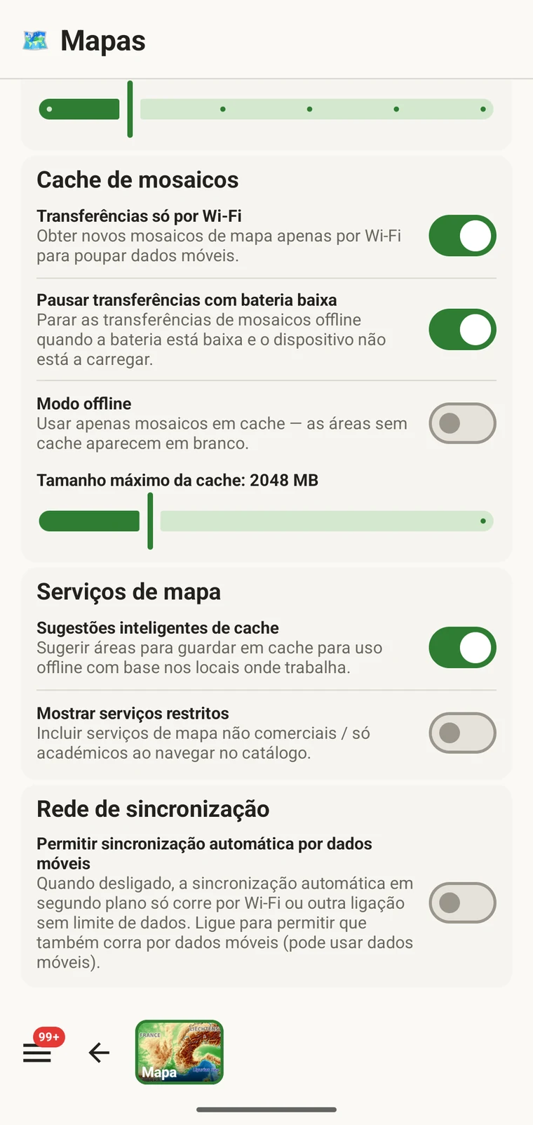 Lista de regiões offline armazenadas com os nomes das regiões e os tamanhos