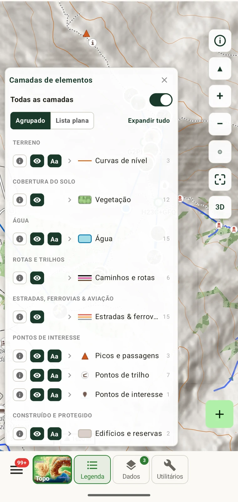 Legenda de elementos a mostrar a ocupação do solo, o tipo de caminho, a altitude da curva de nível e o topónimo de um ponto tocado