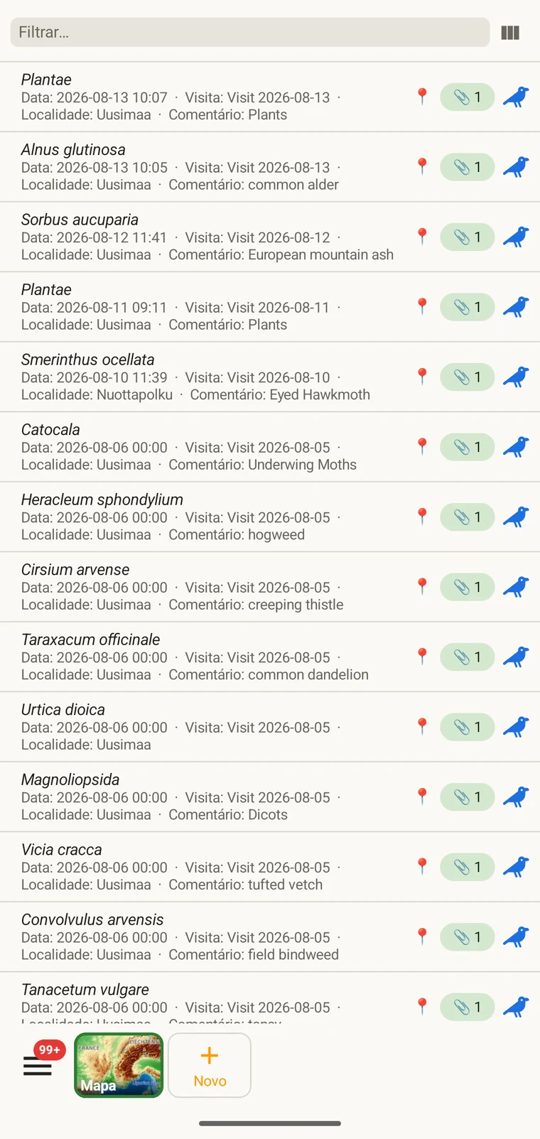 Lista de observações a mostrar vários registos com as colunas táxone, data e outras escolhidas
