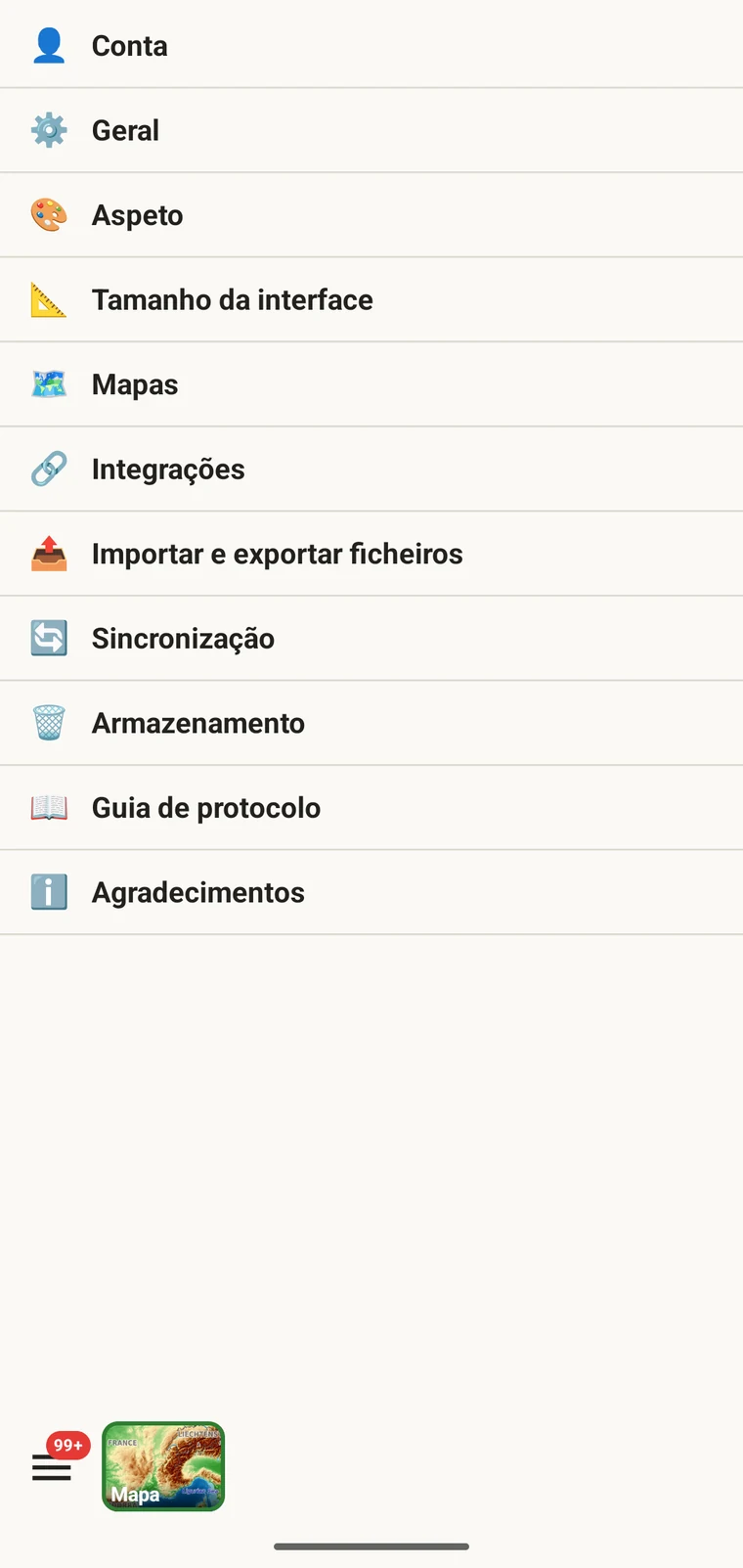 Ecrã de definições do EarthCape com a entrada Idioma