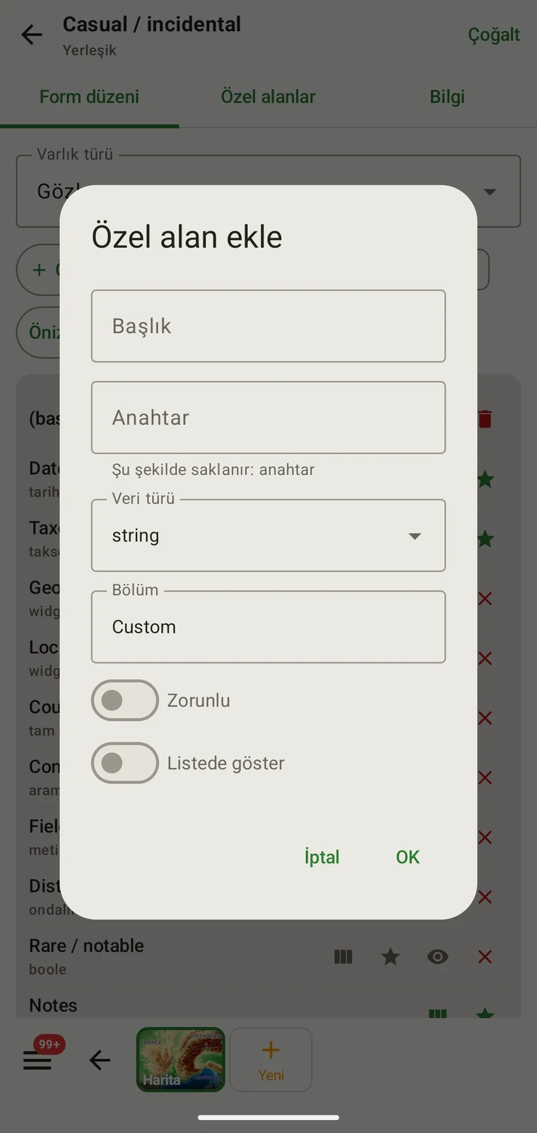 Add custom field dialog with Caption, Key, Data type, Section, Required and Show in list controls