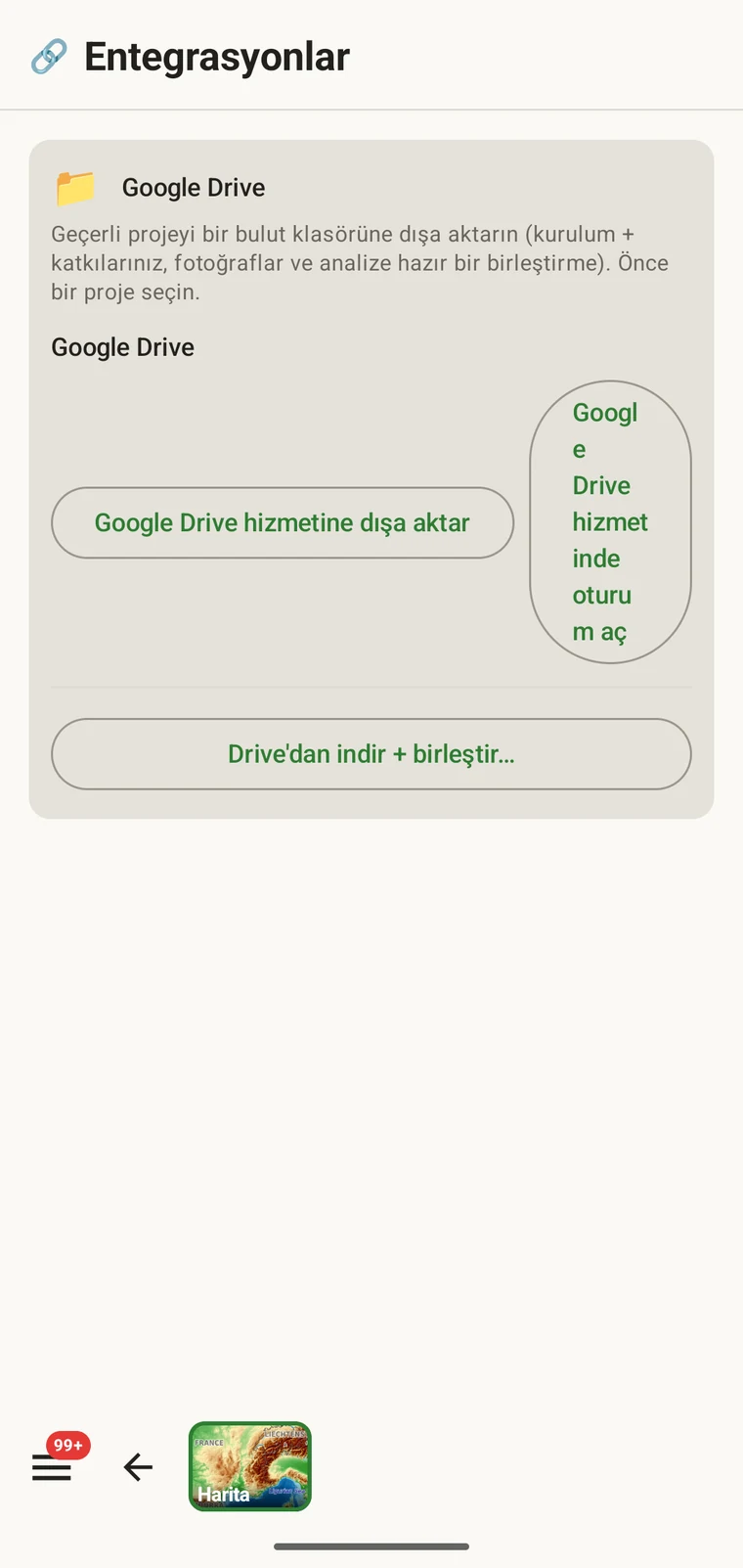 Google Drive card under Integrations with Export to Google Drive, Sign in to Google Drive and Download from Drive + merge buttons