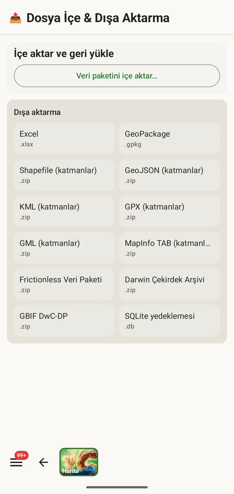 İçe aktarma ve geri yükleme bölümünü ve on iki dışa aktarma biçiminin ızgarasını gösteren dışa aktarma ekranı