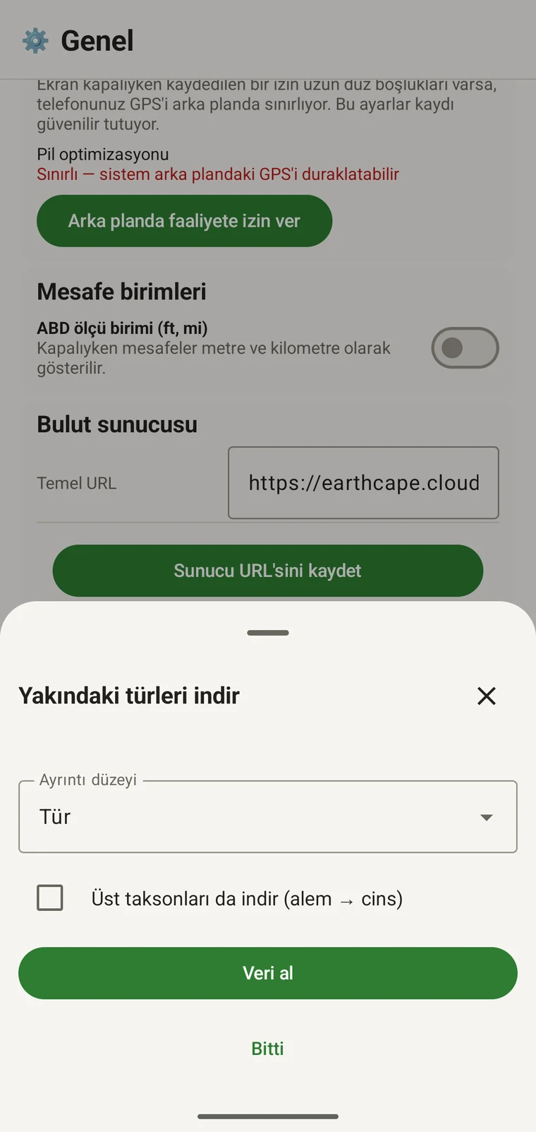 Download nearby species sheet with the Detail level control, the parent-taxa checkbox and the Get data button