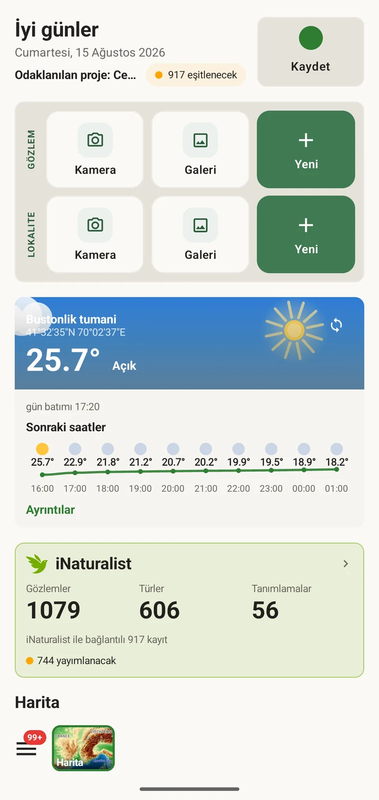 EarthCape home screen with the Record button, observation and locality quick actions and the weather card