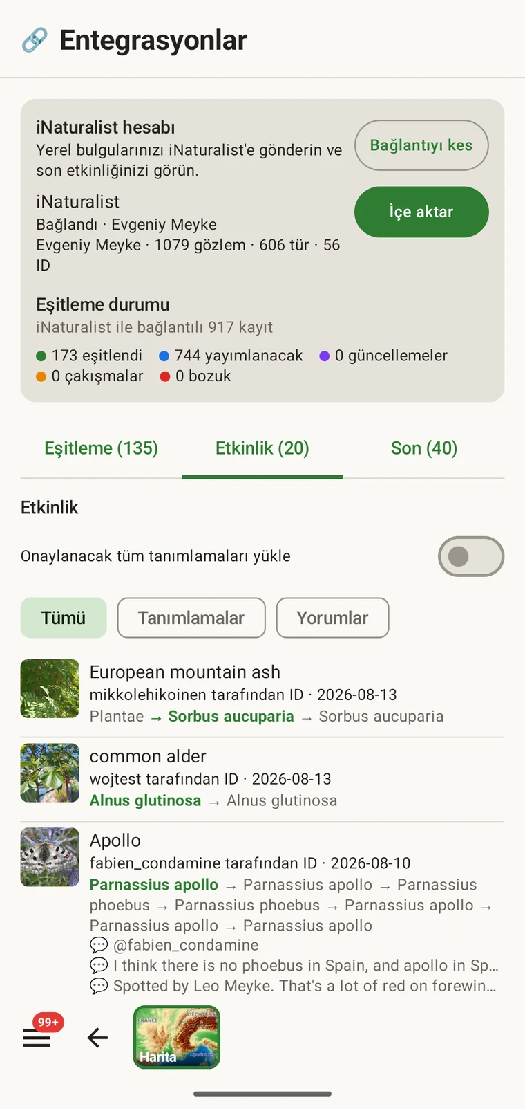 Gözlemler ve teşhisler üzerindeki son olayları gösteren iNaturalist aktivite akışı