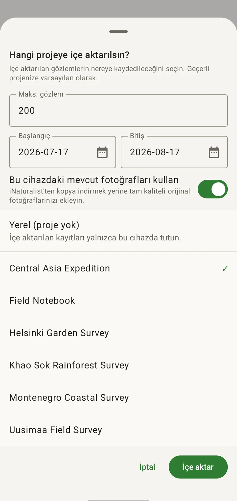 En fazla gözlem sayısı, başlangıç ve bitiş tarih aralığı, fotoğraf kaynağı anahtarı ve içe aktarılacak projelerin listesi bulunan iNaturalist içe aktarma sayfası