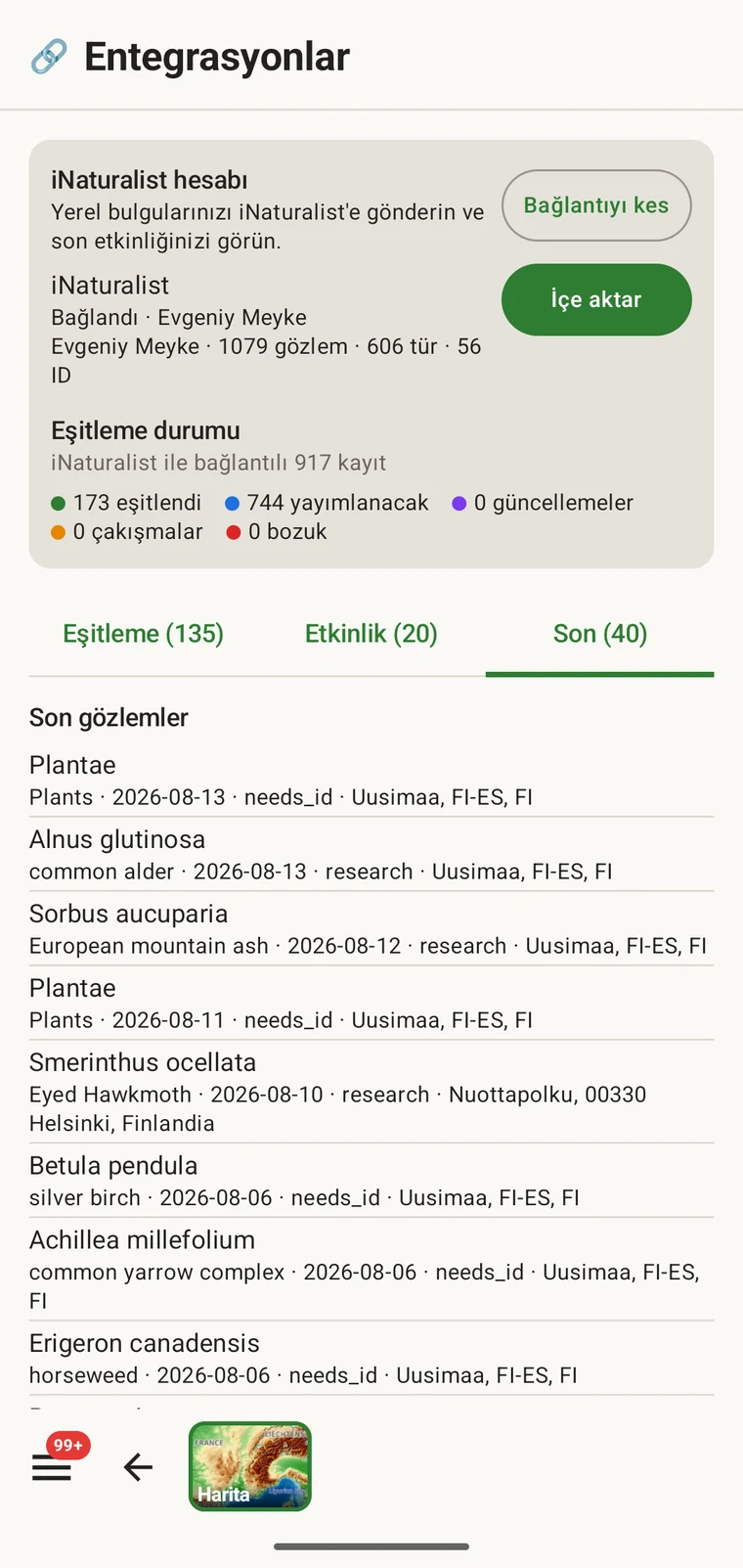 Bağlı hesaba ait son iNaturalist gözlemlerinin listesi