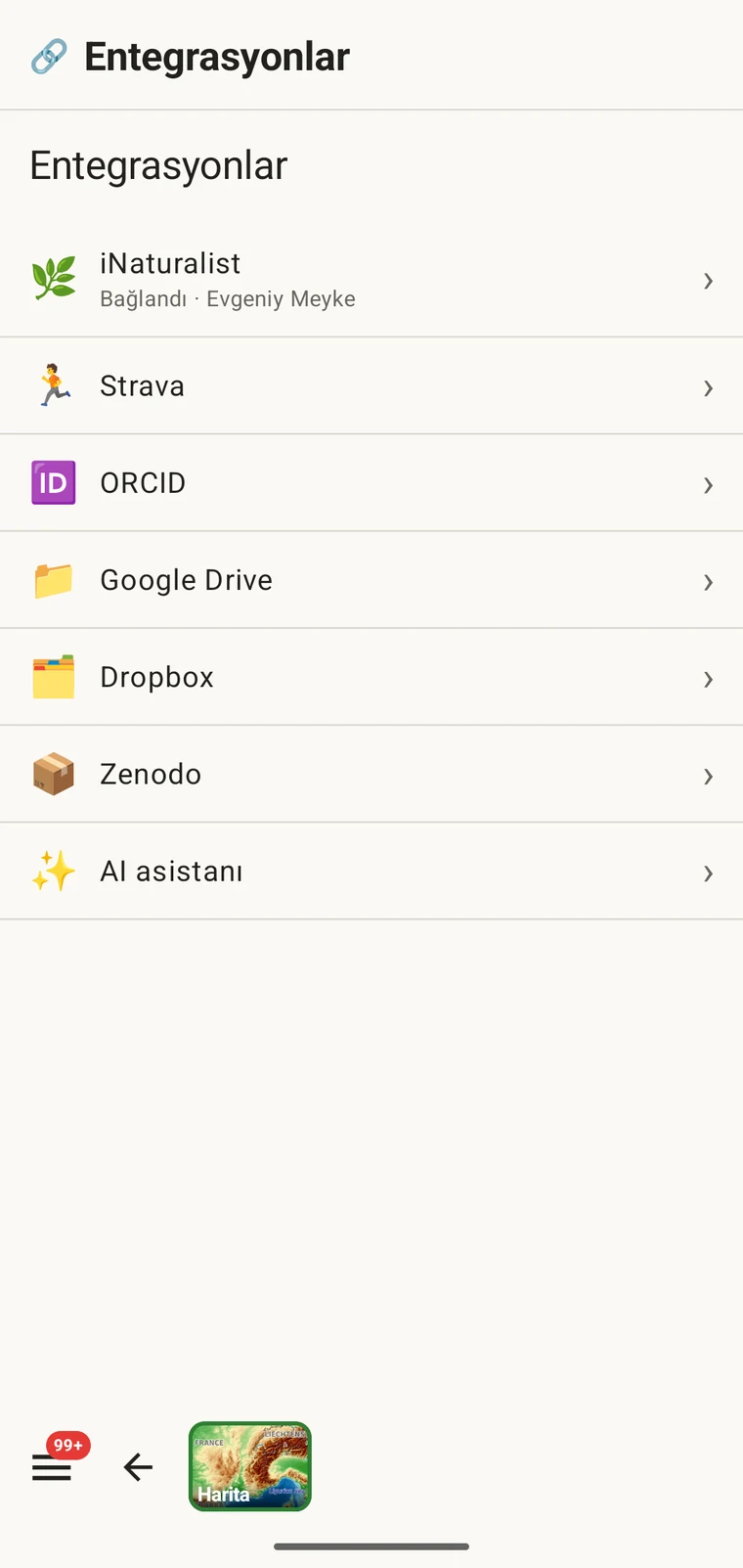 iNaturalist, Strava, ORCID, Google Drive, Dropbox, Zenodo ve yapay zekâ asistanını listeleyen Entegrasyonlar ekranı