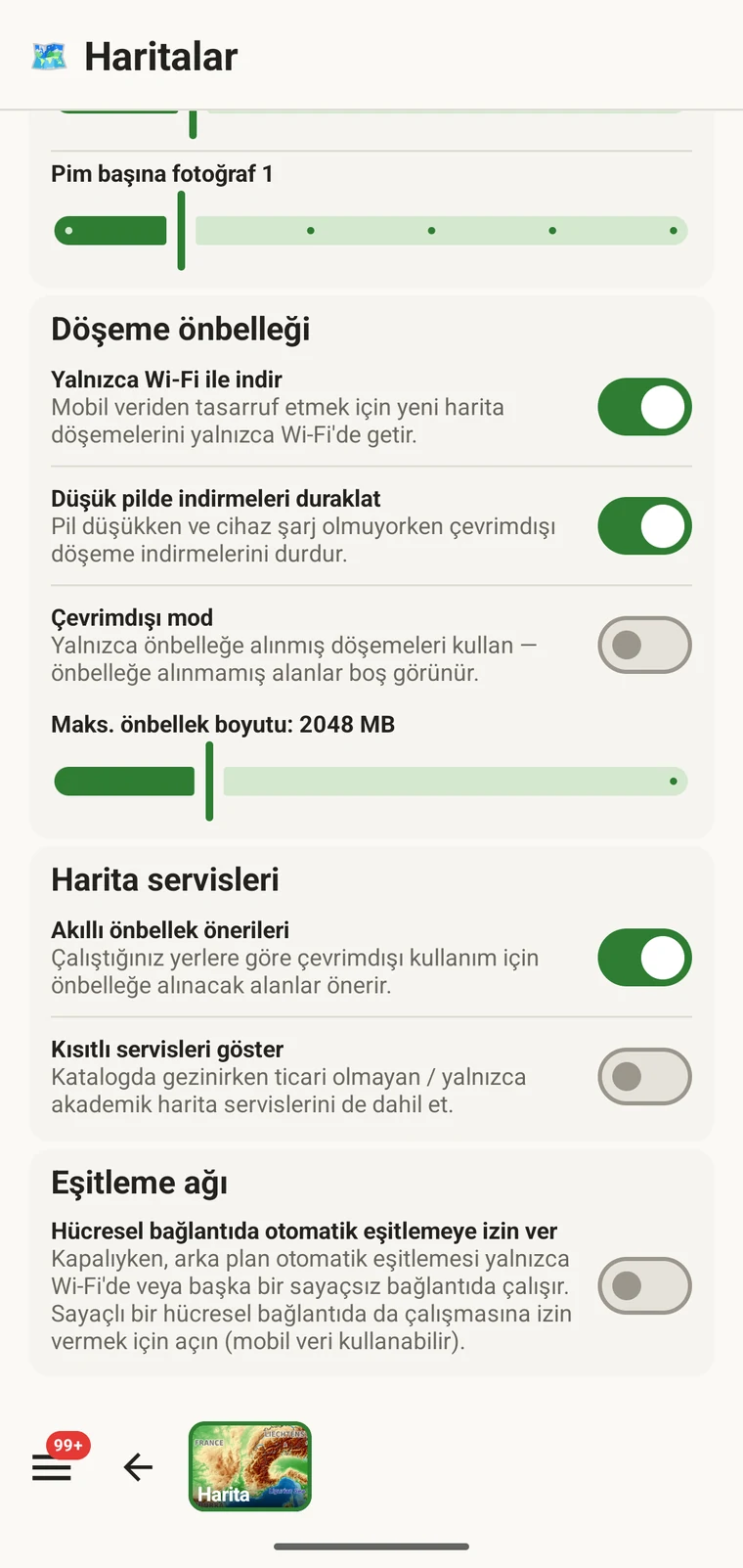 Bölge adları ve boyutlarıyla depolanan çevrimdışı bölgeler listesi