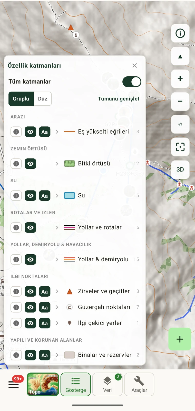 Dokunulan bir nokta için arazi örtüsünü, patika türünü, eş yükselti değerini ve yer adını gösteren öğe göstergesi