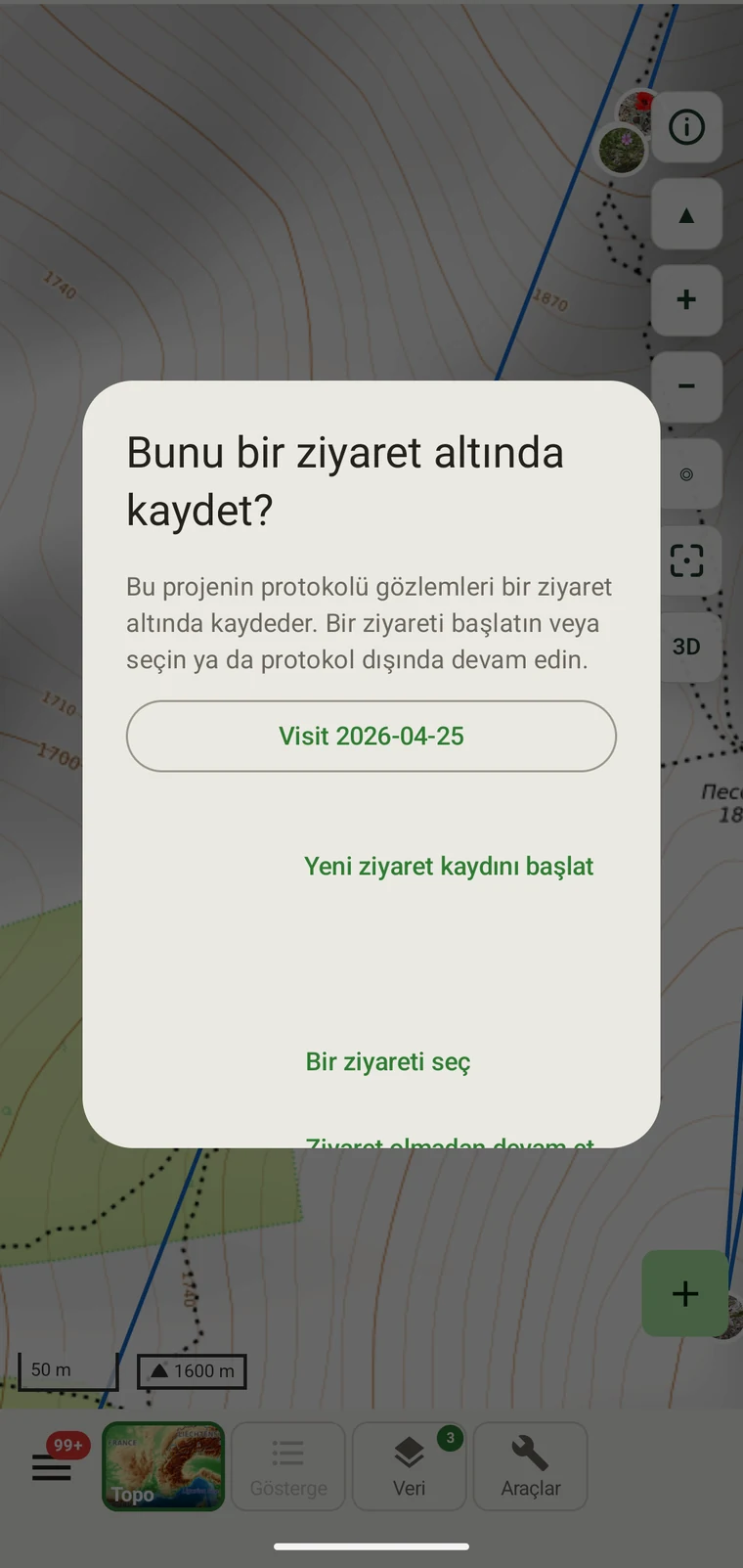 Kullanılabilir ziyaretleri ve bir Ziyaretsiz devam et düğmesini gösteren ziyaret seçici