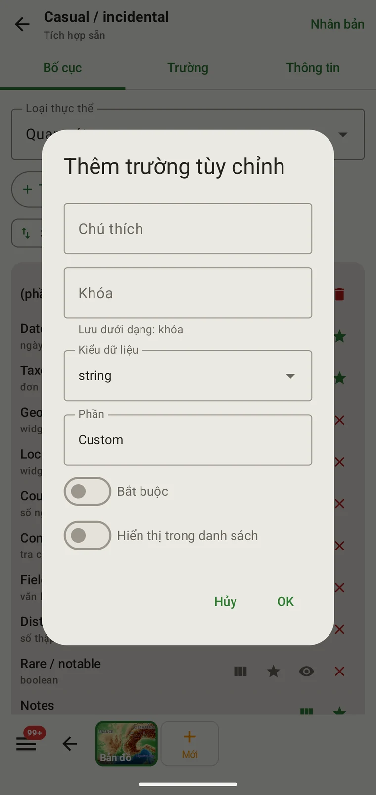 Add custom field dialog with Caption, Key, Data type, Section, Required and Show in list controls