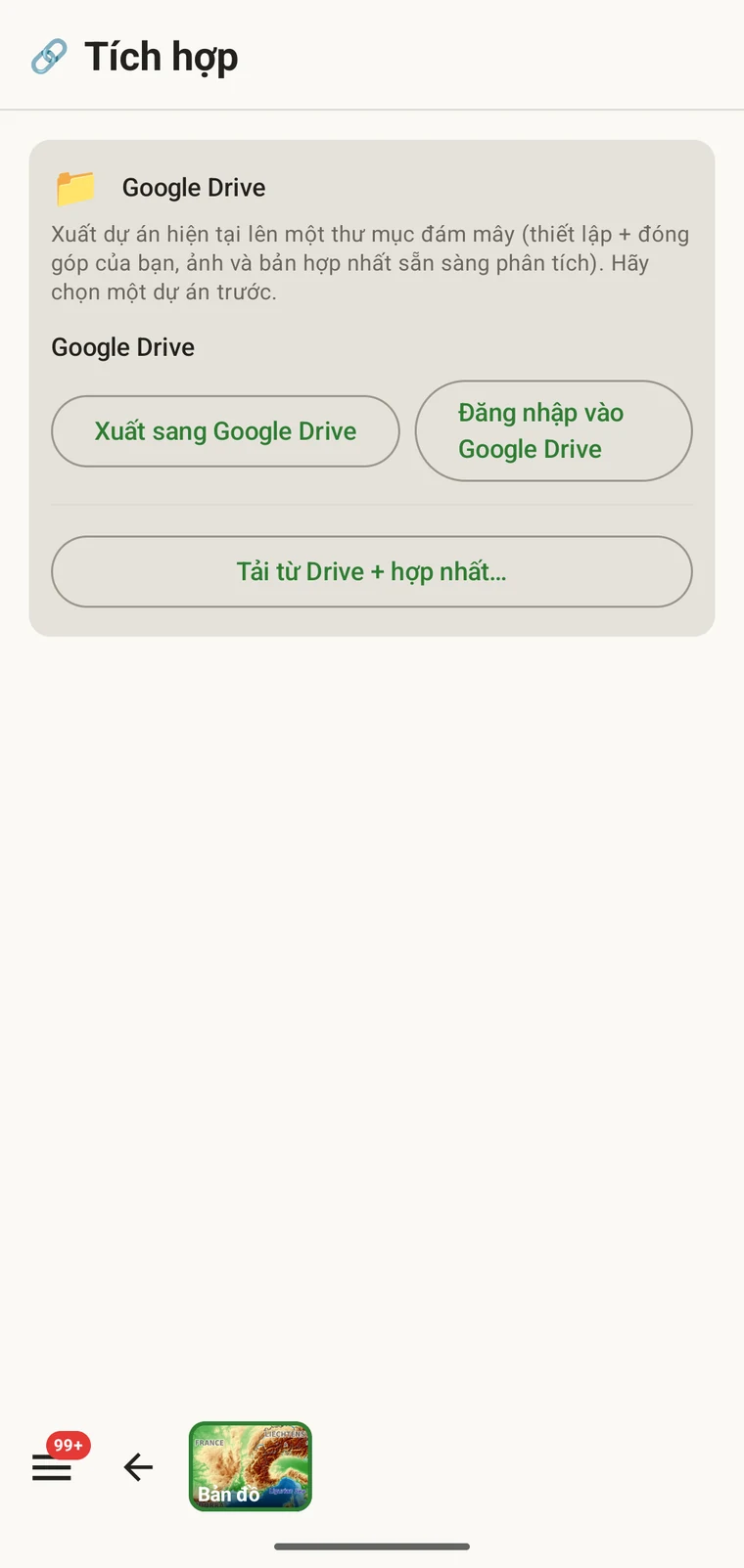 Thẻ Google Drive với ba nút: Xuất lên Google Drive, Đăng nhập Google Drive, và Tải từ Drive và hợp nhất