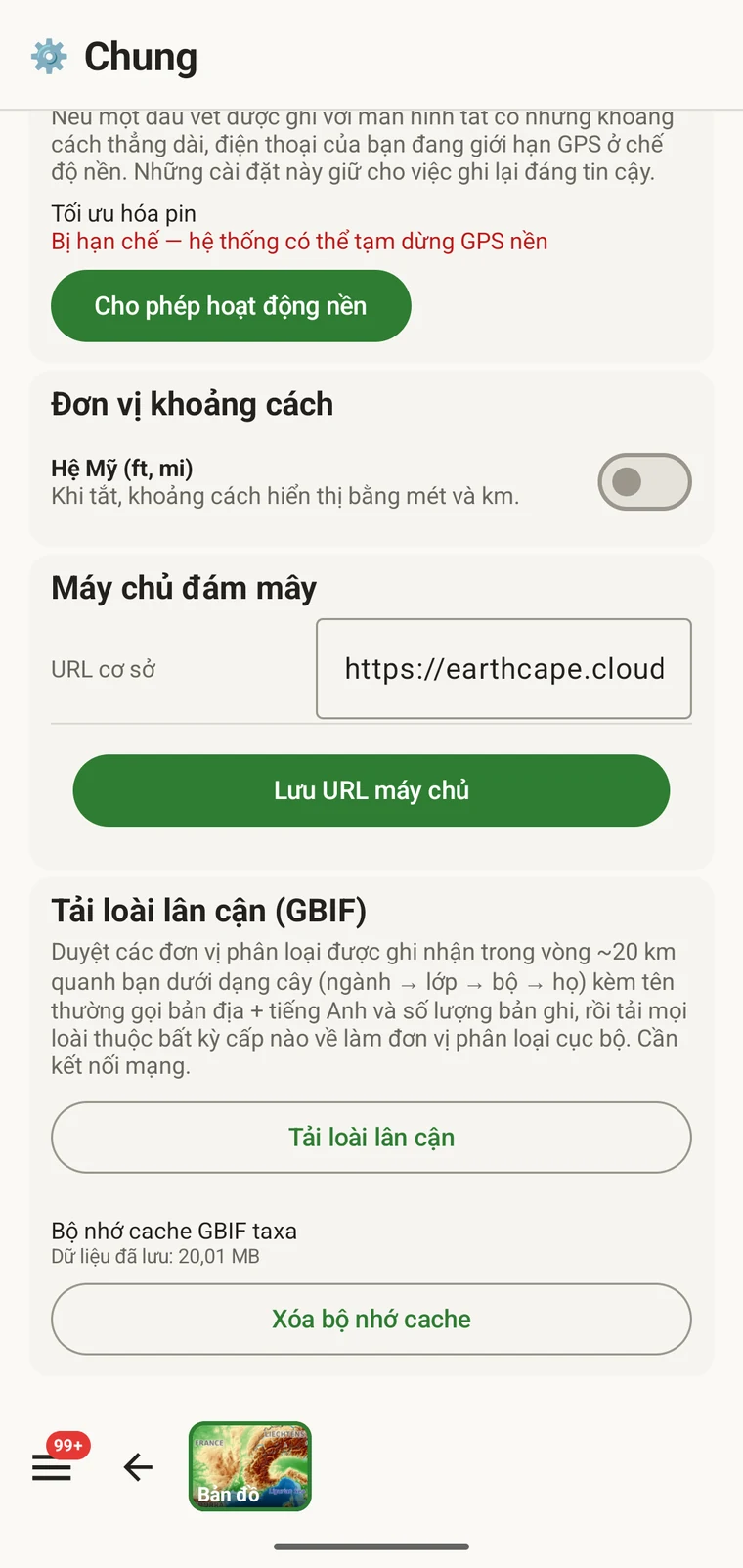 Download nearby species (GBIF) card under Menu → Admin → General