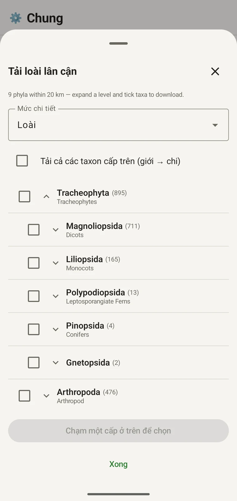 Cây GBIF đi sâu tới các bộ trong Magnoliopsida, mỗi bộ hiển thị tên thông thường
