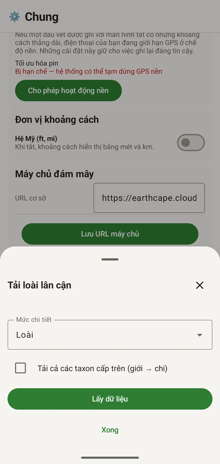 Download nearby species sheet with the Detail level control, the parent-taxa checkbox and the Get data button