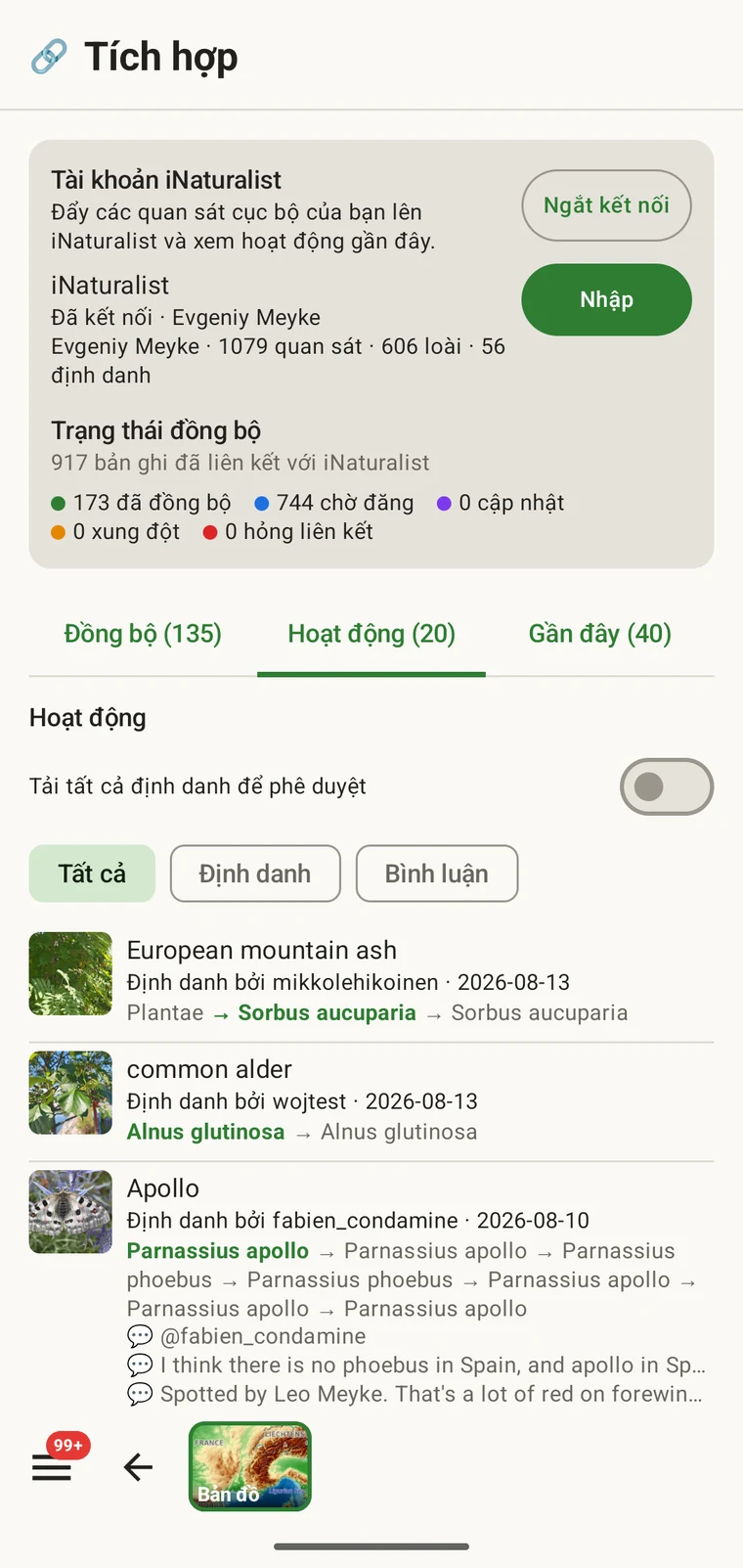 Dòng hoạt động iNaturalist hiển thị các sự kiện gần đây trên quan sát và định danh
