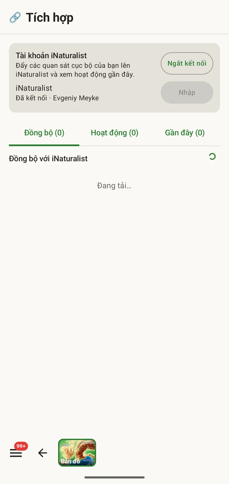 Trung tâm iNaturalist hiển thị tài khoản đã kết nối, số lượng theo trạng thái đồng bộ và danh sách bản ghi sẵn sàng để gửi