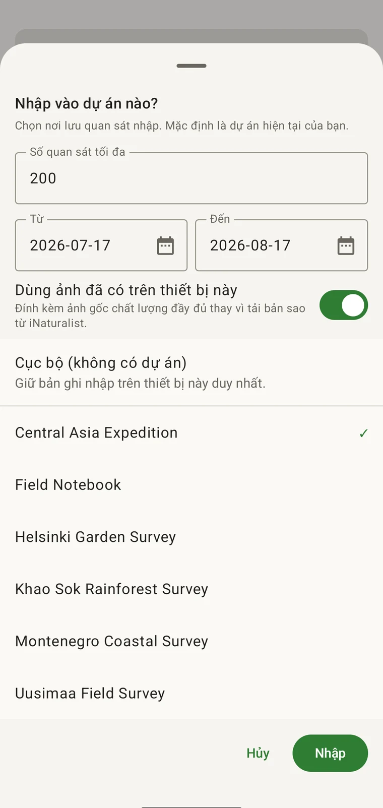 Bảng nhập iNaturalist với số quan sát tối đa, khoảng ngày từ và đến, công tắc chọn nguồn ảnh và danh sách dự án để nhập vào