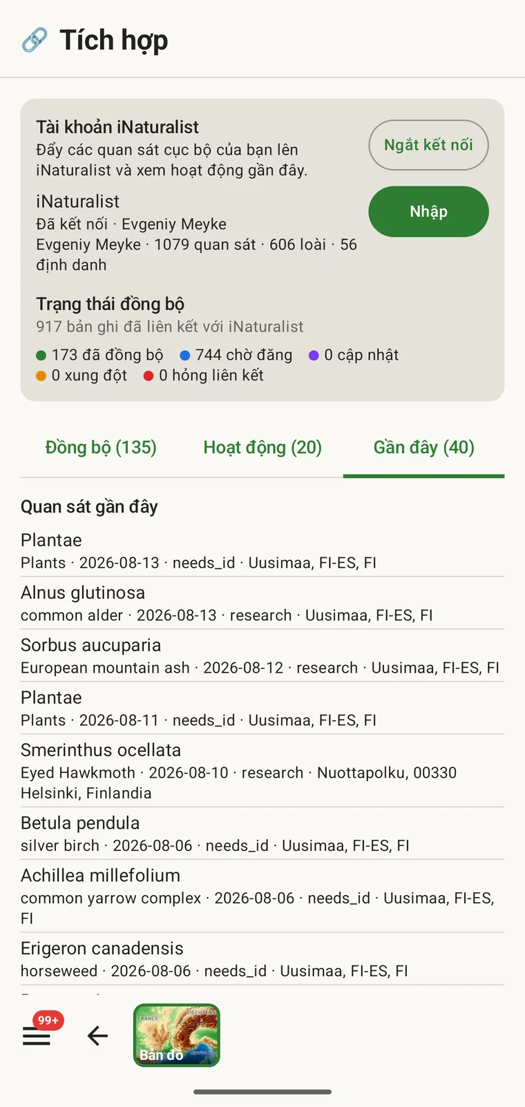 Danh sách các quan sát iNaturalist gần đây thuộc tài khoản đã kết nối