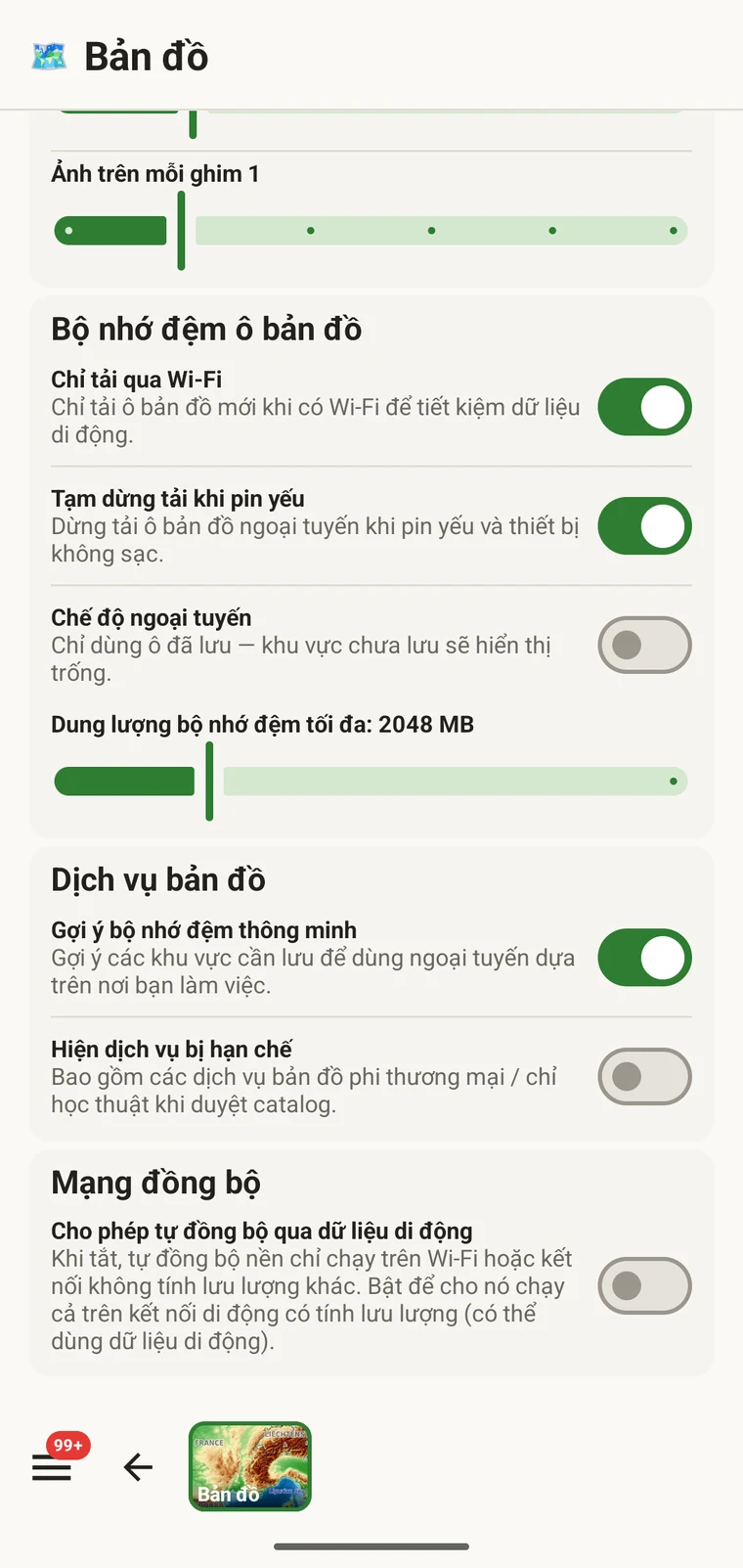 Danh sách các vùng ngoại tuyến đã lưu với tên vùng và dung lượng