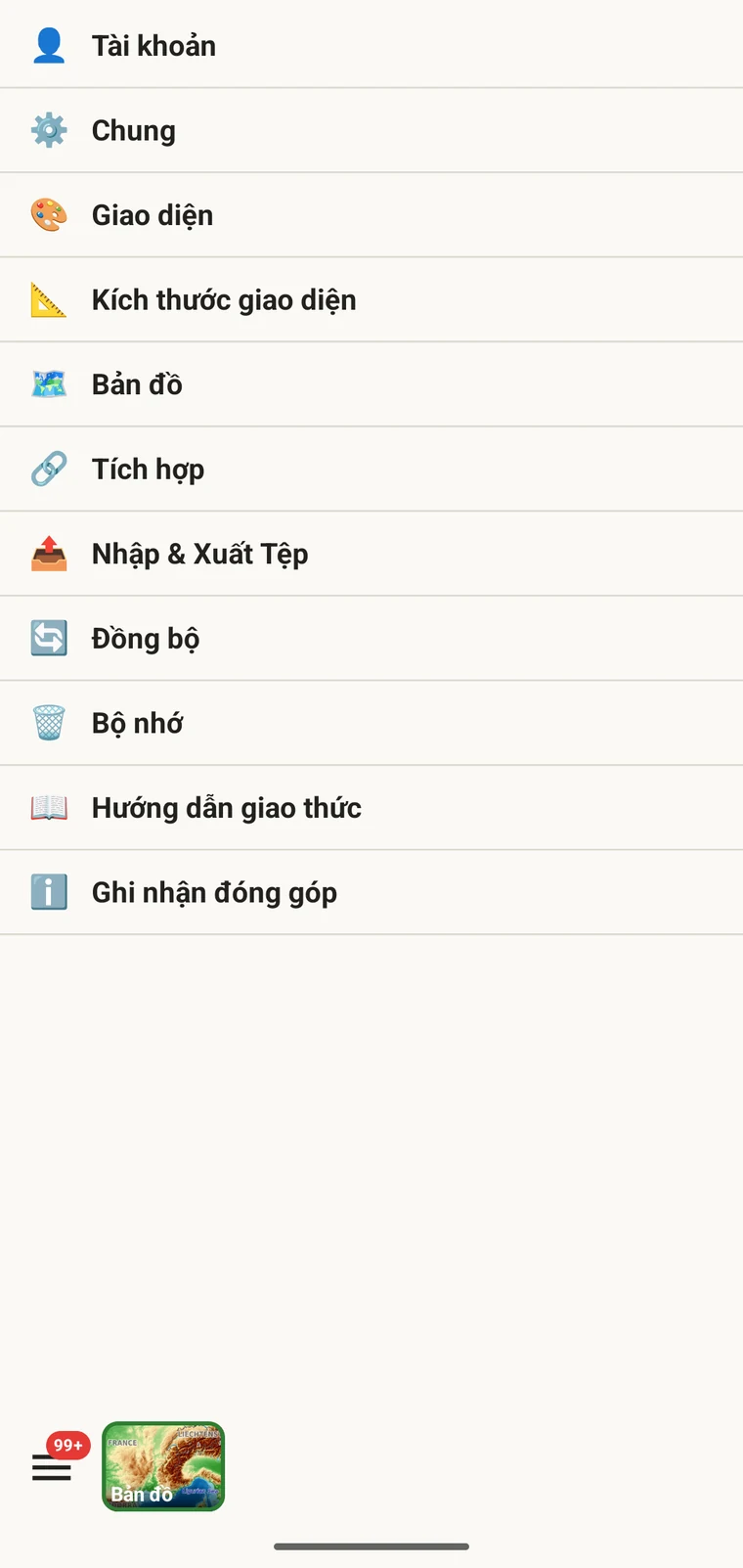 Màn hình cài đặt EarthCape với mục Ngôn ngữ