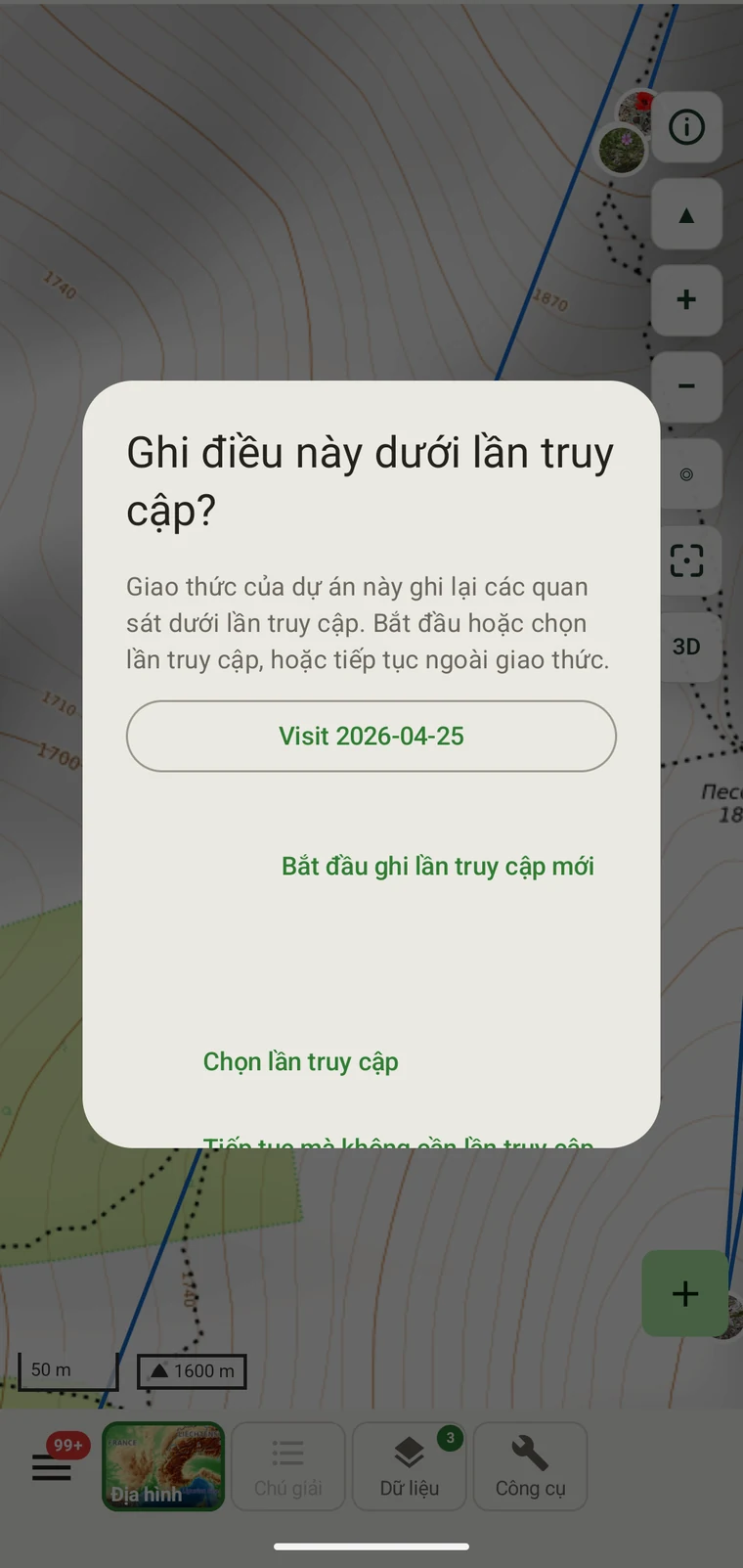 Bộ chọn chuyến khảo sát hiển thị các chuyến khảo sát khả dụng và nút Tiếp tục không có chuyến khảo sát
