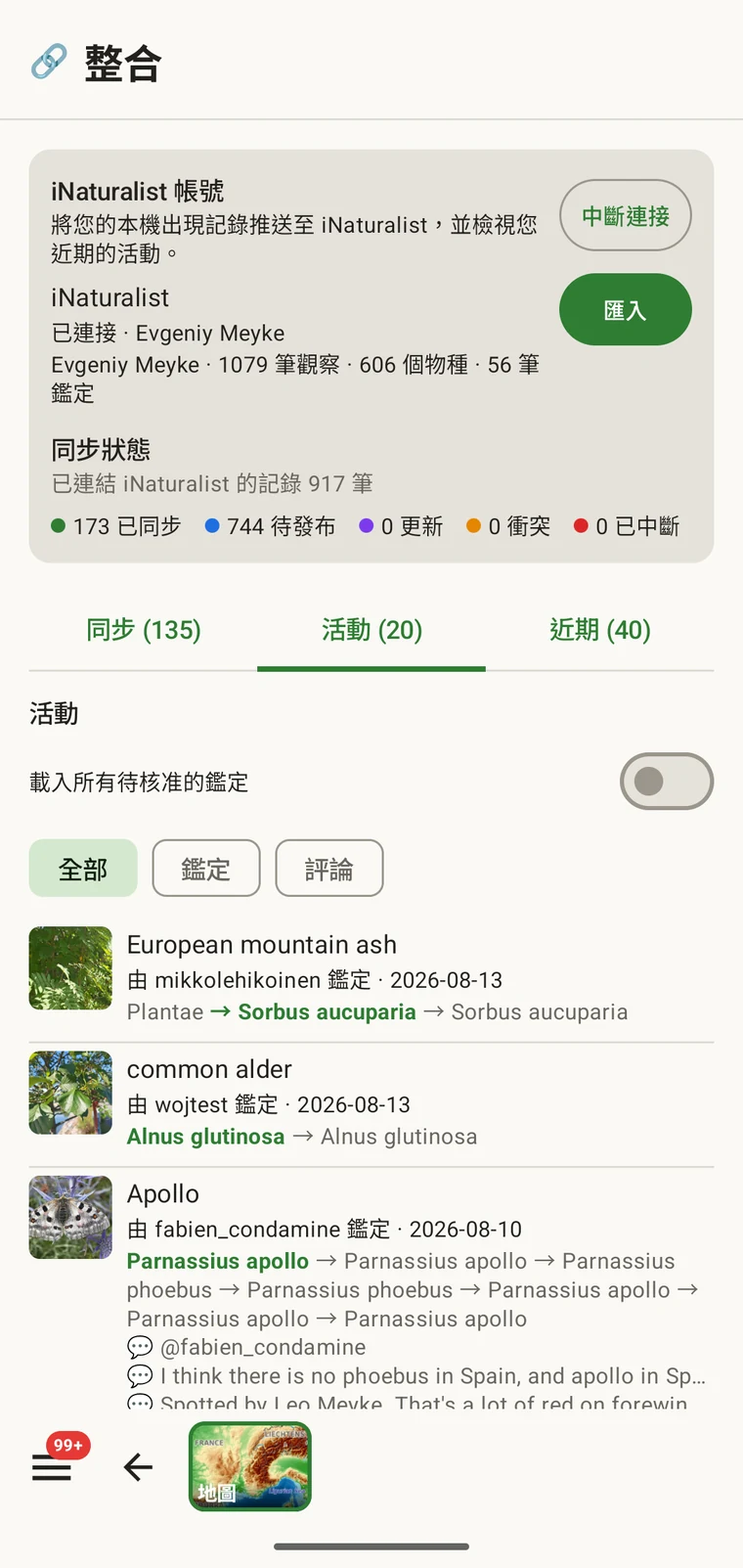 iNaturalist 活動動態顯示觀察記錄與鑑定上的近期事件